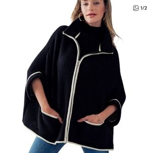 Womens Black White Trim Fleece Zip Up Cape